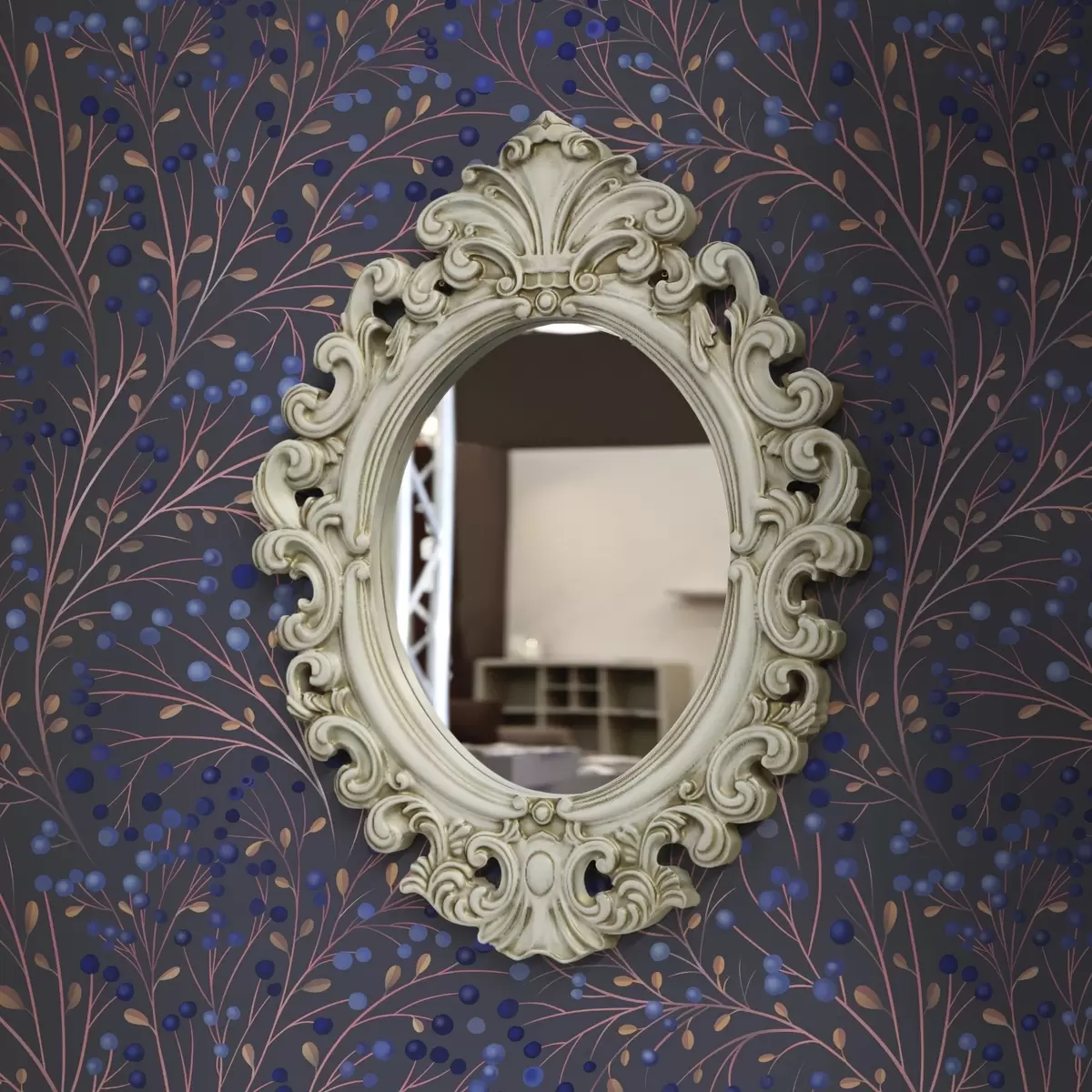 Papel pintado Ramitas de color rosa-marrón y bayas azules sobre fondo grafito a00787