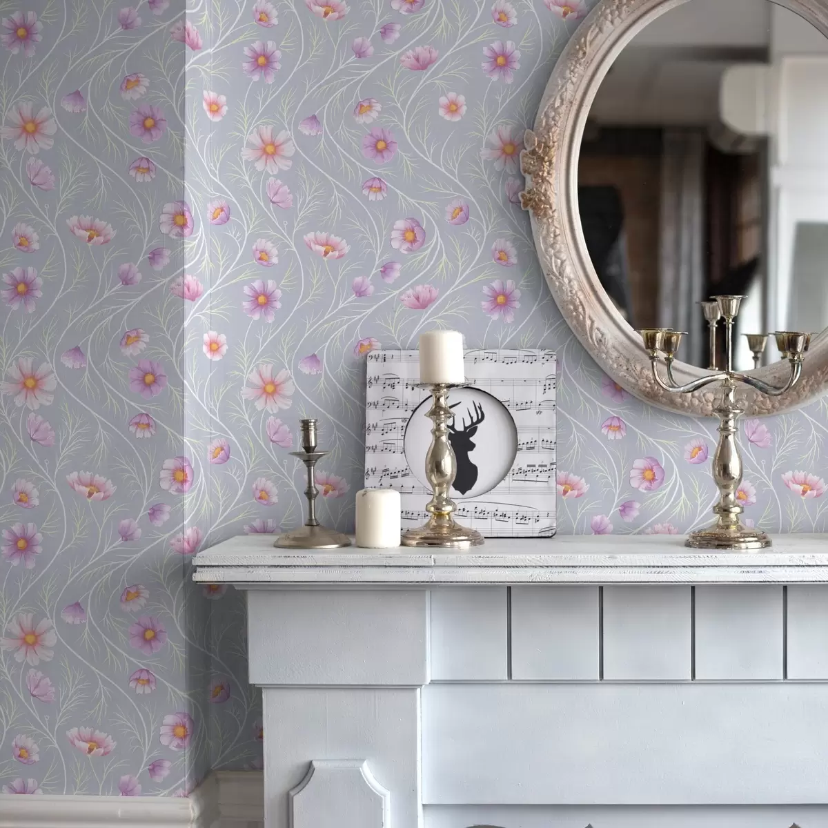 Papel pintado Cosmos rosados y tallos delgados sobre fondo gris a00791