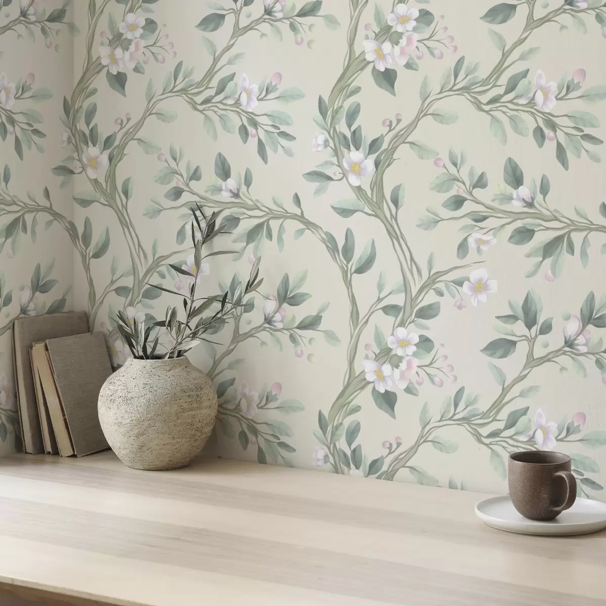 Papel pintado Delicadas ramas en flor sobre fondo crema, colores pastel a00793