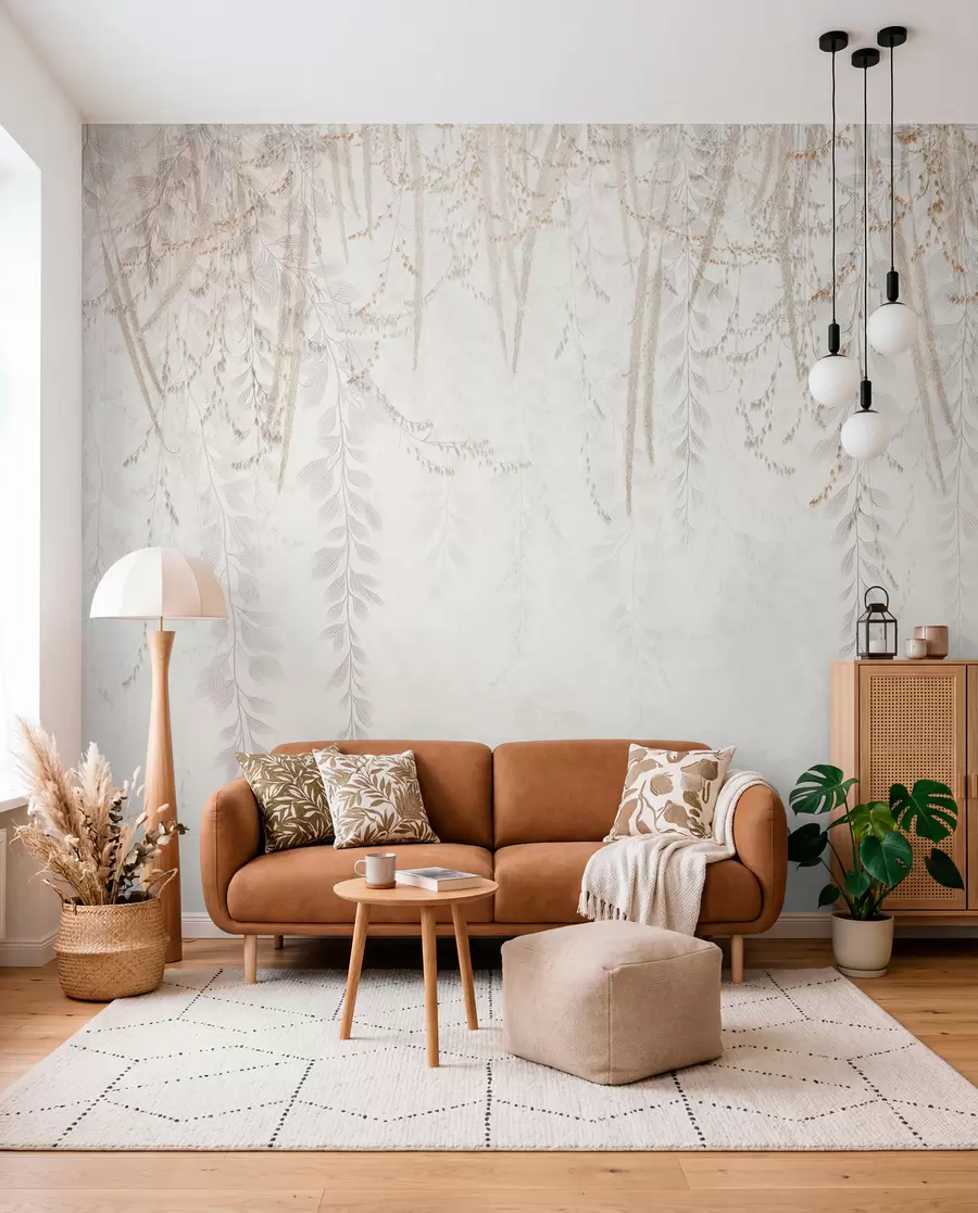murales de pared Hojas y ramas ligeras colgantes en tonos beige w09433
