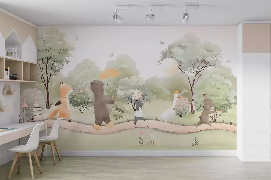 murales de pared Viaje festivo de pequeños animales por el bosque en estilo acuarela w09440