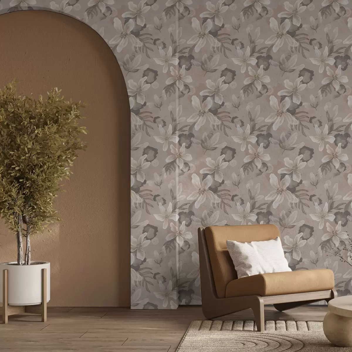 Papel pintado Grandes flores beige con manchas abstractas de acuarela a00635