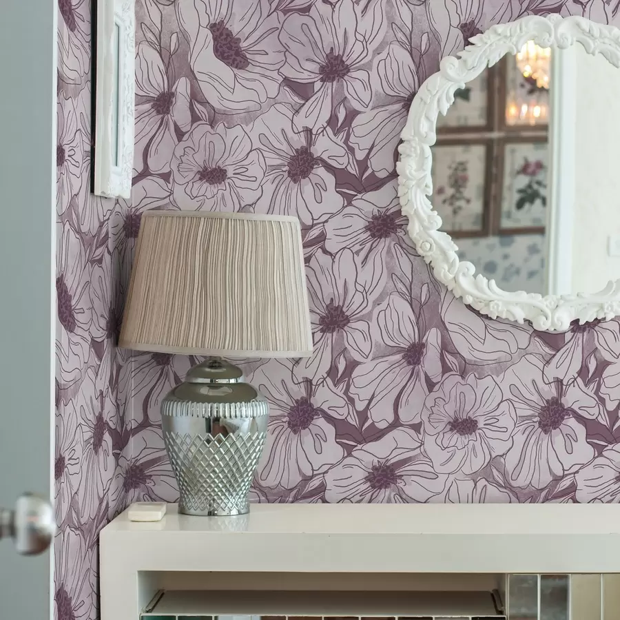 murales de pared Flores lineales en una fresca paleta de colores lila y rosa a00636v1