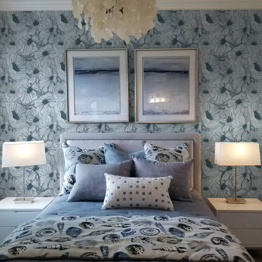 murales de pared Flores lineales en una fresca paleta de colores gris azulados a00636v2