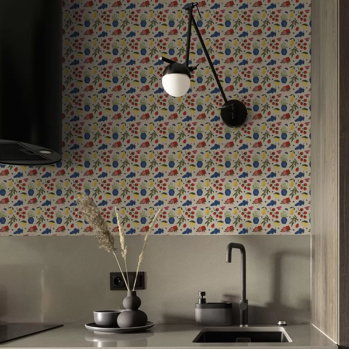 Papel pintado Patrón vibrante con frutas, ramas y jarrones a00637