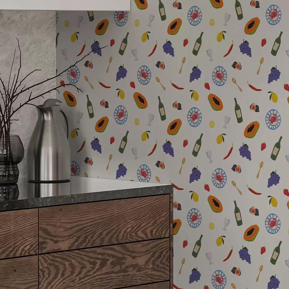 Papel pintado Fruta, vino y especias dispuestos sobre un fondo claro a00639