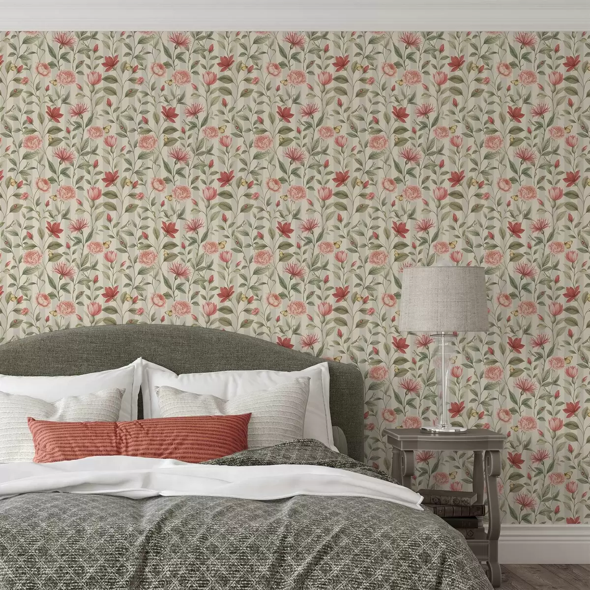 Papel pintado Tallos florales con mariposas sobre un fondo claro a00698