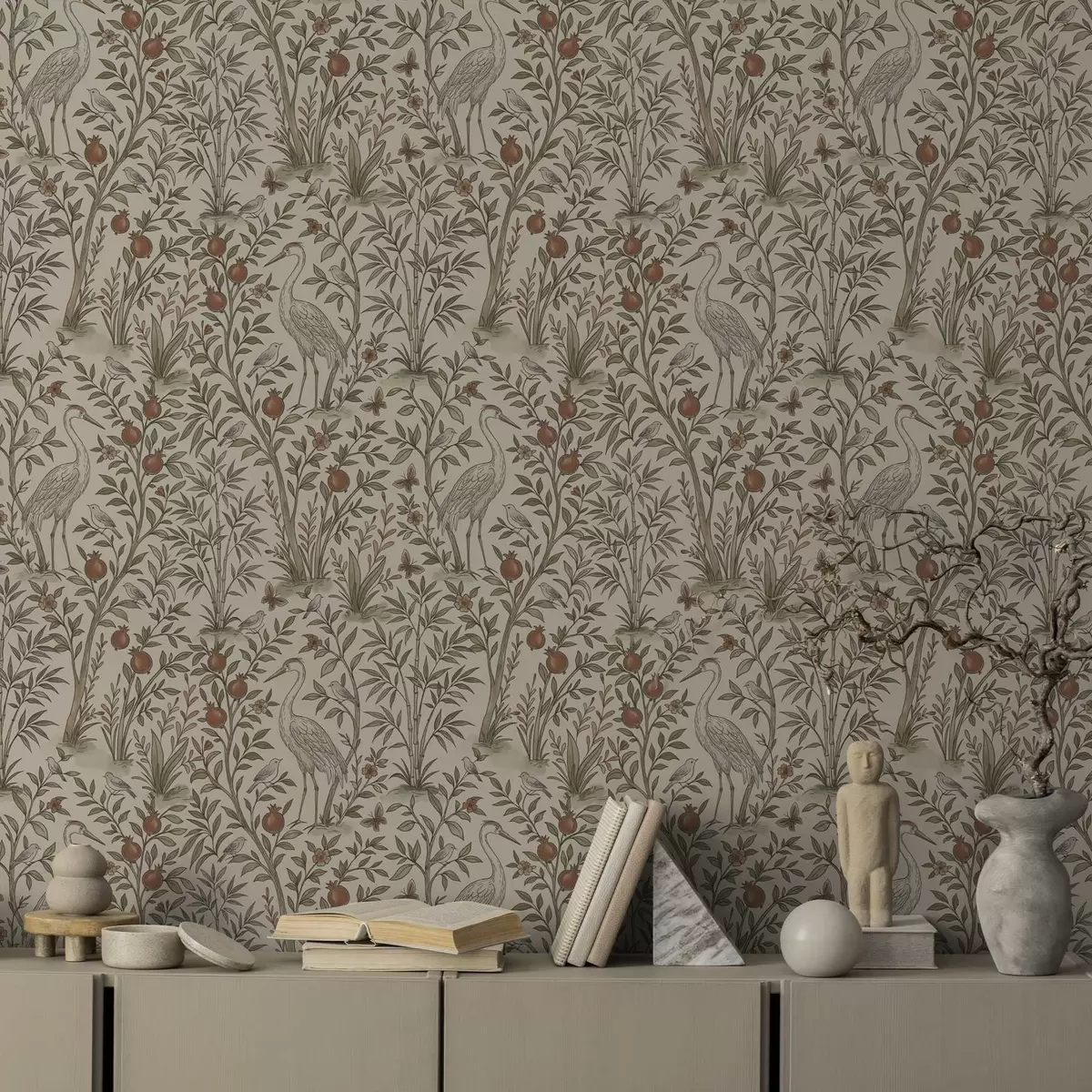 Papel pintado Aves entre granados en un entorno natural a00699