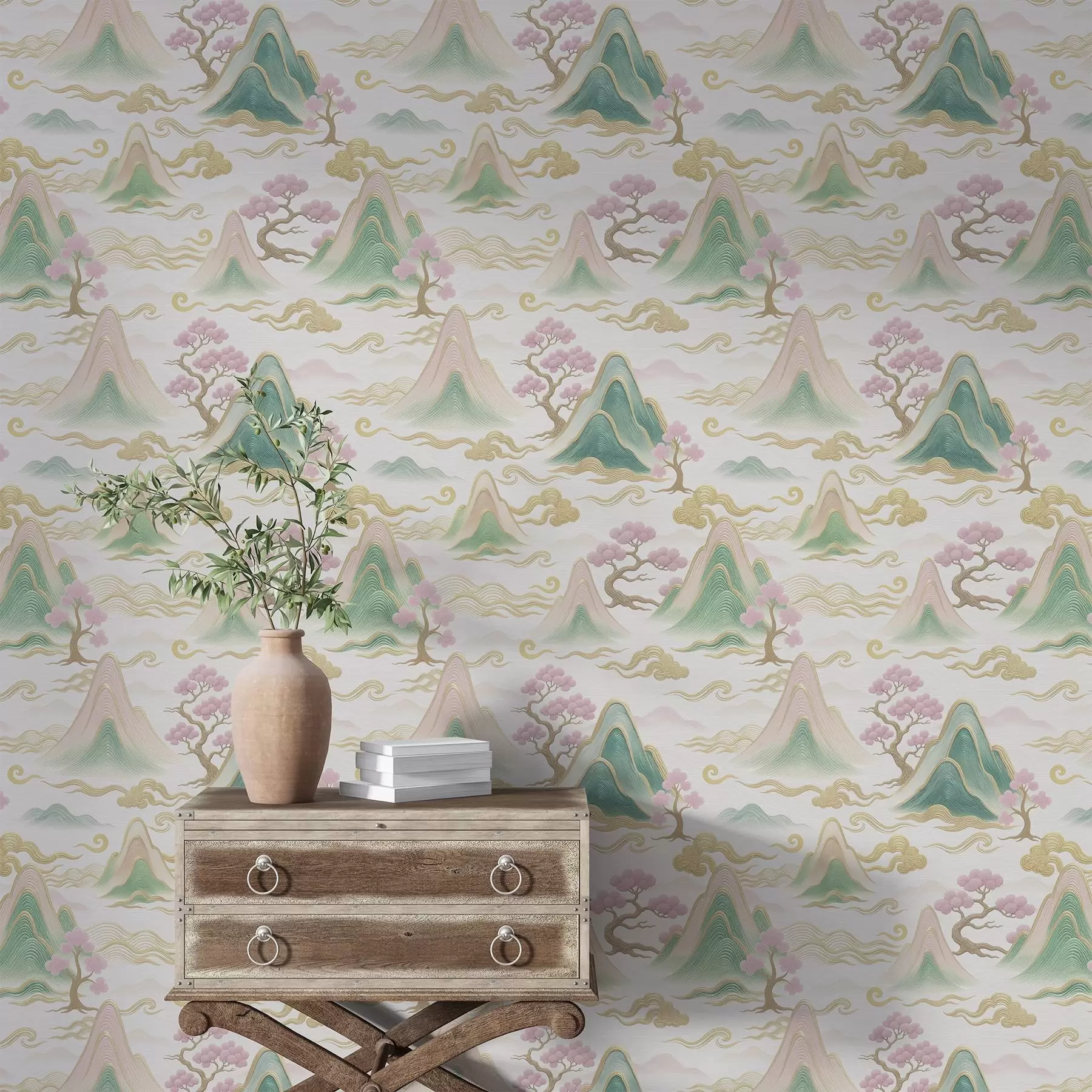 murales de pared Montañas, nubes y pinos en un estilo decorativo oriental a00703