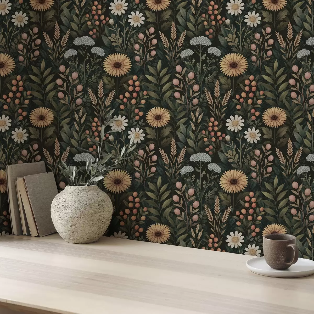 Papel pintado Flores silvestres y bayas sobre fondo oscuro, adorno natural a00707