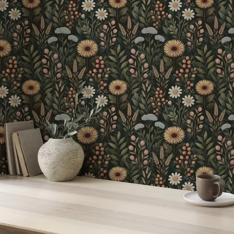 murales de pared Flores silvestres y bayas sobre fondo oscuro, adorno natural a00707