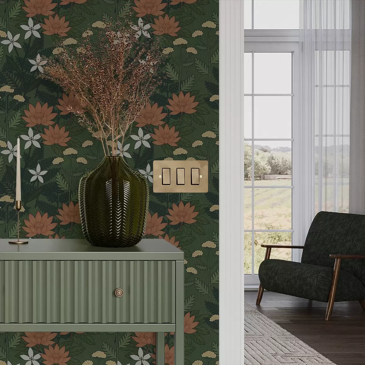 Papel pintado Grandes flores entre follaje verde, composición decorativa a00708