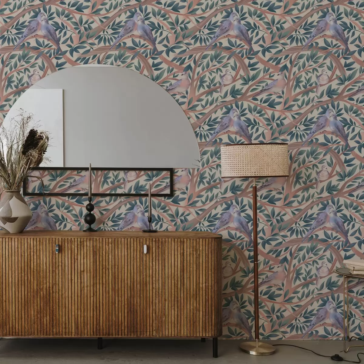 Papel pintado Palomas entre ramas y hojas en una suave paleta de colores pastel a00796