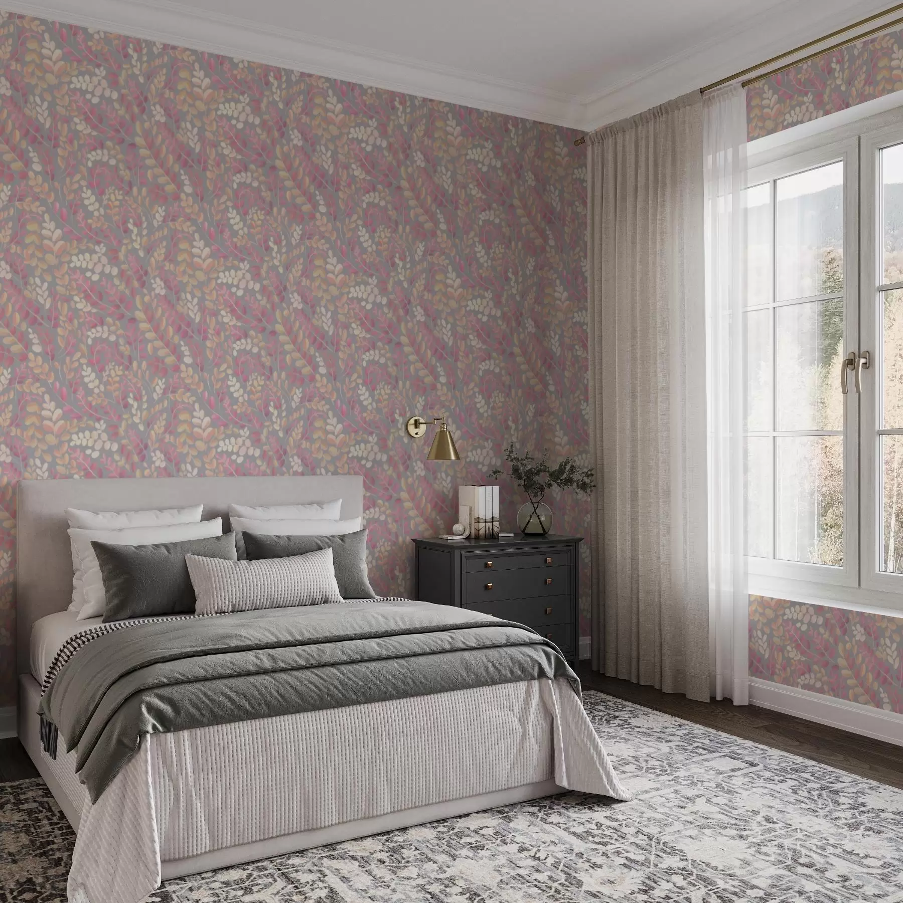 murales de pared Ramitas en tonos pastel con follaje rosa-melocotón sobre fondo gris a00799v1