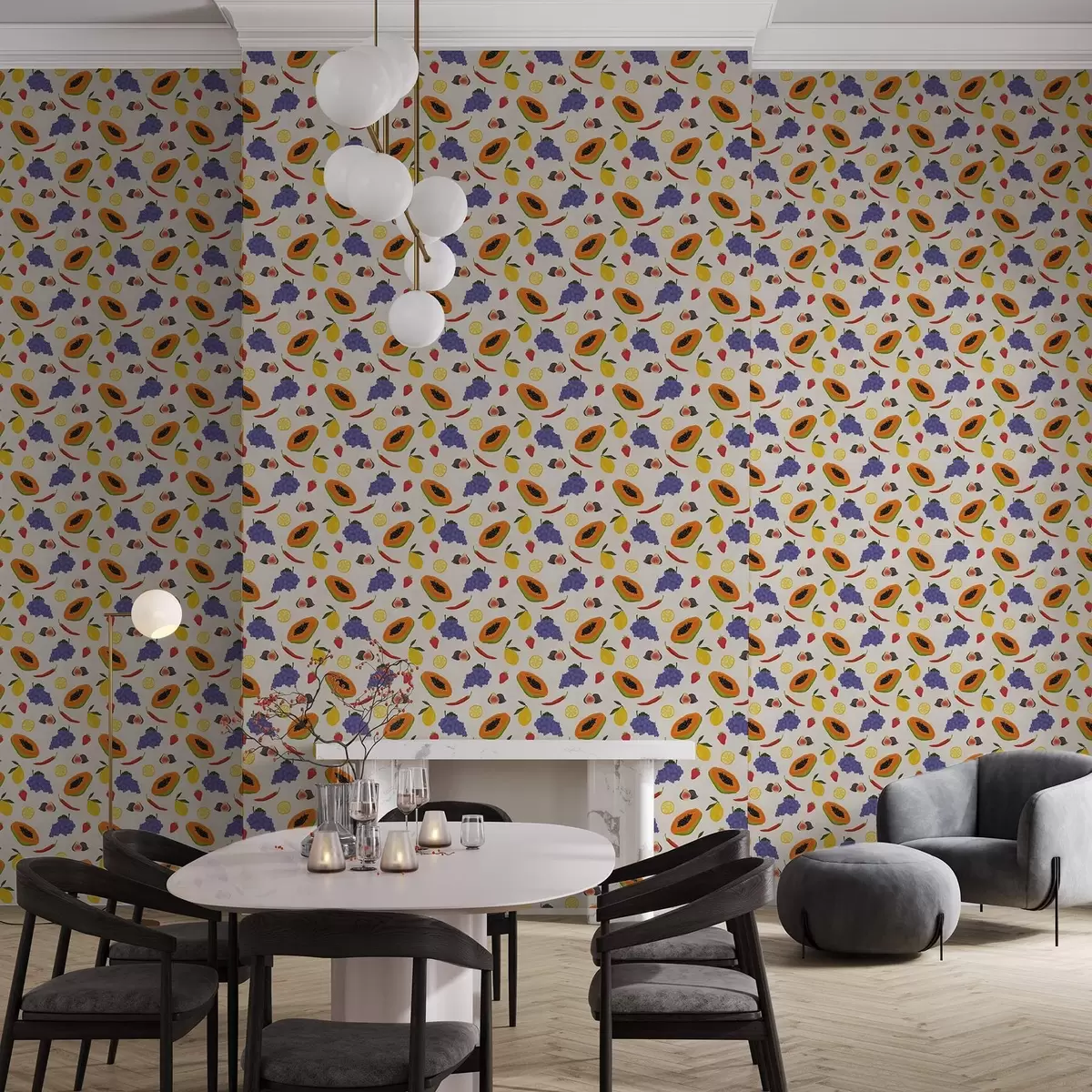 Papel pintado Papaya, uvas y limones: una mezcla de frutas de colores vivos a00803