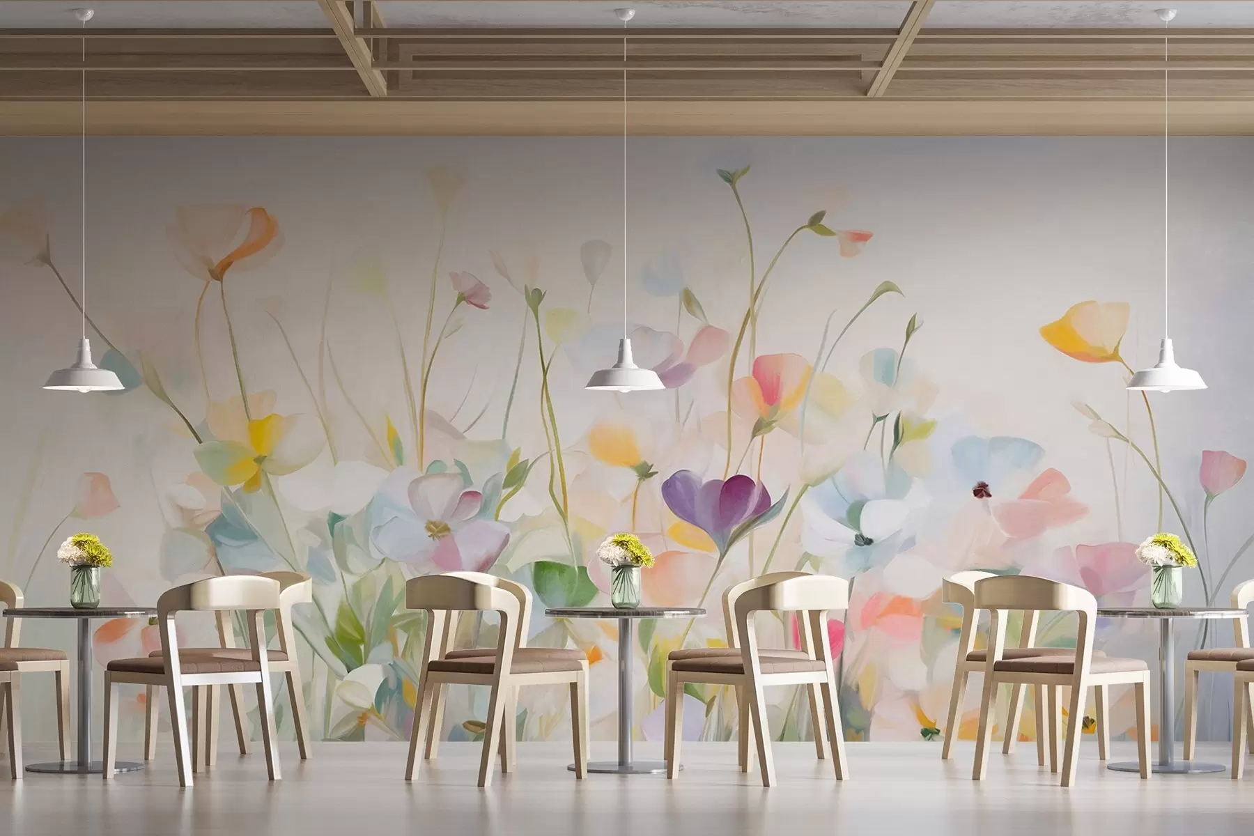 murales de pared Campo abstracto de flores coloridas con tallos largos y hojas verdes, texturizado, colores pastel y claros w09466