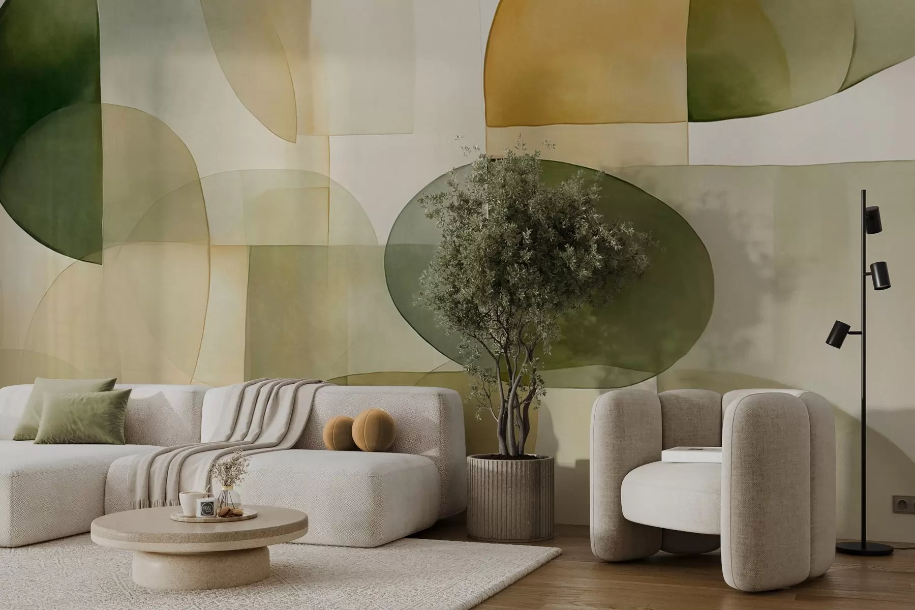 murales de pared Formas abstractas con textura en tonos verdes y amarillos, colores apagados, composición minimalista, fondo neutro w09467