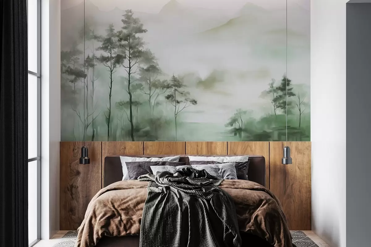 murales de pared Paisaje brumoso con árboles altos y montañas en tonos verdes y grises apagados, estilo minimalista, texturizado w09469