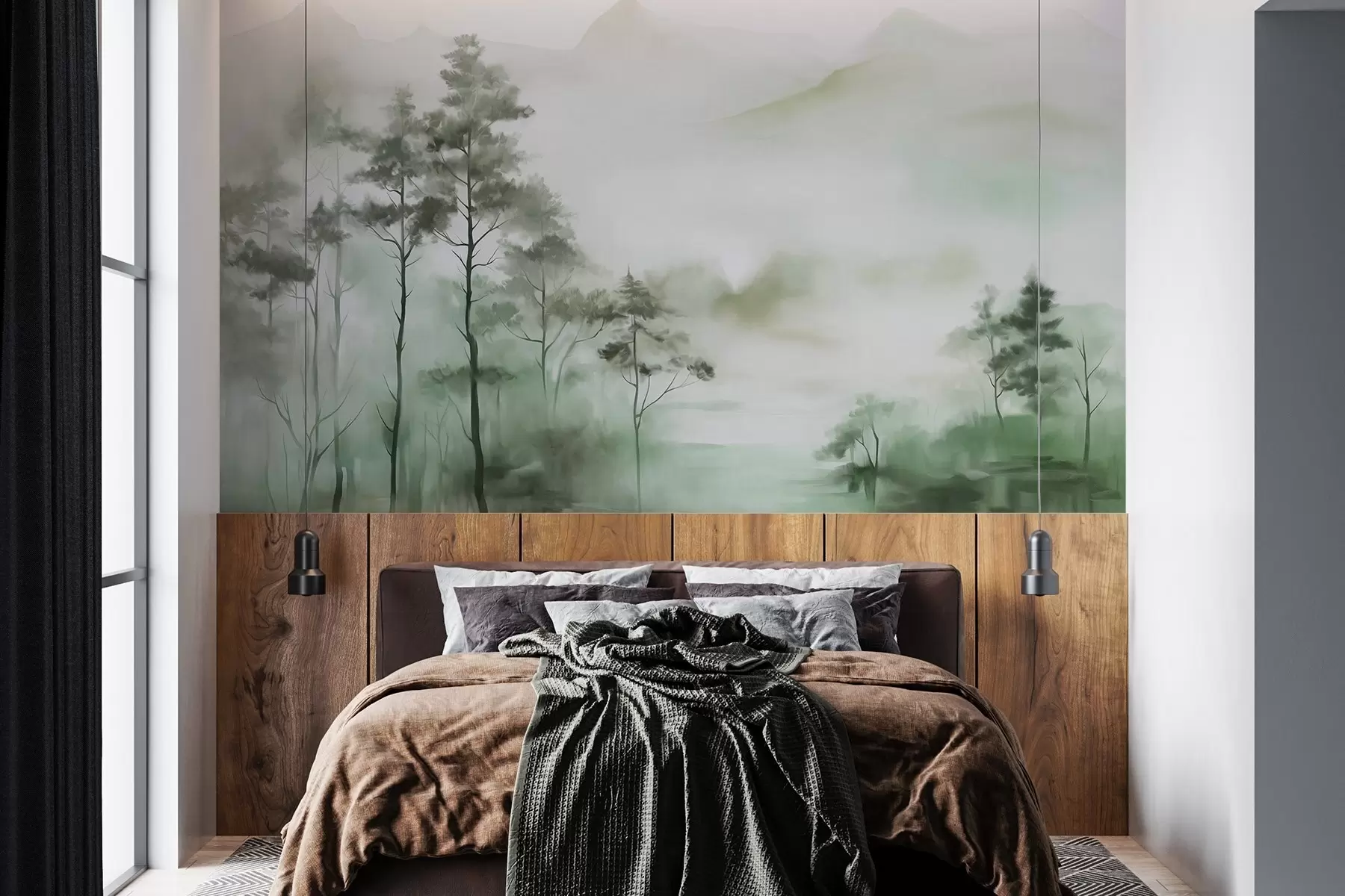 murales de pared Paisaje brumoso con árboles altos y montañas en tonos verdes y grises apagados, estilo minimalista, texturizado w09469