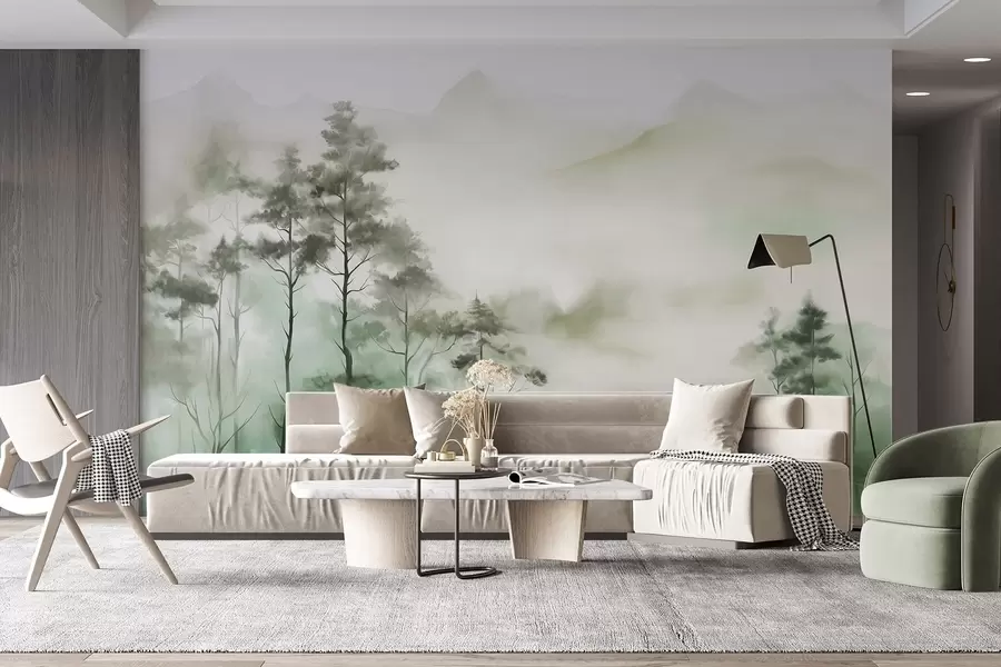 murales de pared Paisaje brumoso con árboles altos y montañas en tonos verdes y grises apagados, estilo minimalista, texturizado w09469