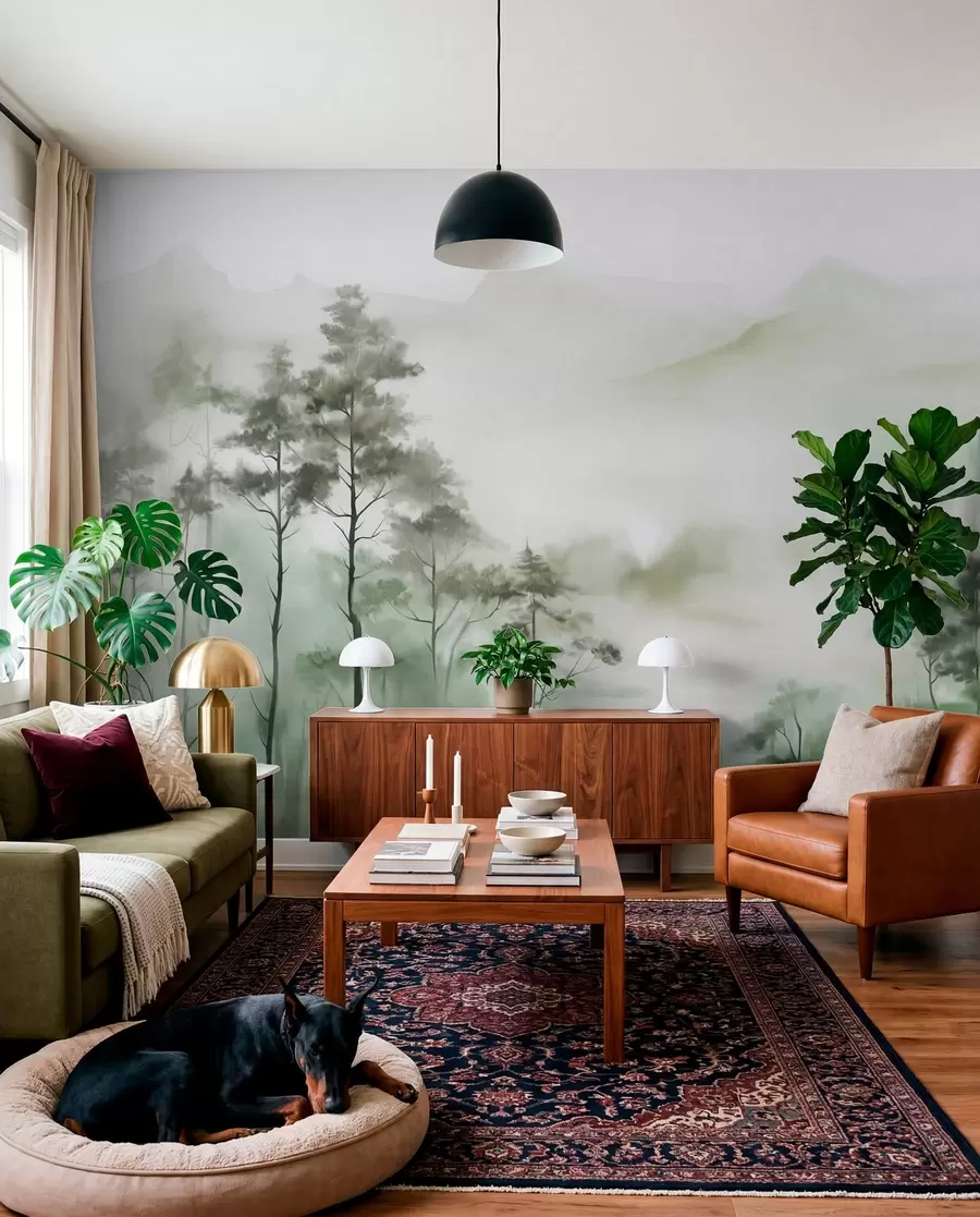 murales de pared Paisaje brumoso con árboles altos y montañas en tonos verdes y grises apagados, estilo minimalista, texturizado w09469