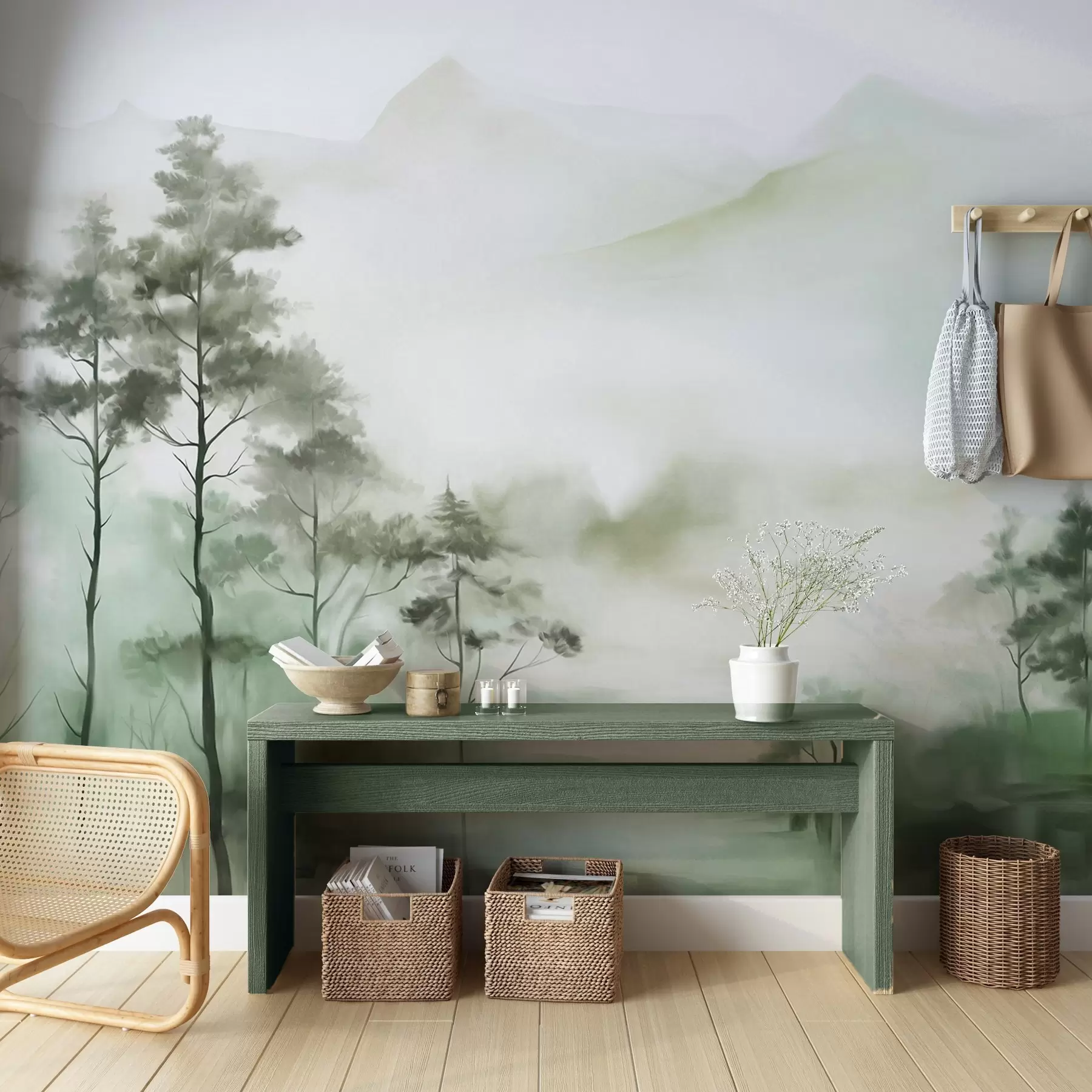murales de pared Paisaje brumoso con árboles altos y montañas en tonos verdes y grises apagados, estilo minimalista, texturizado w09469