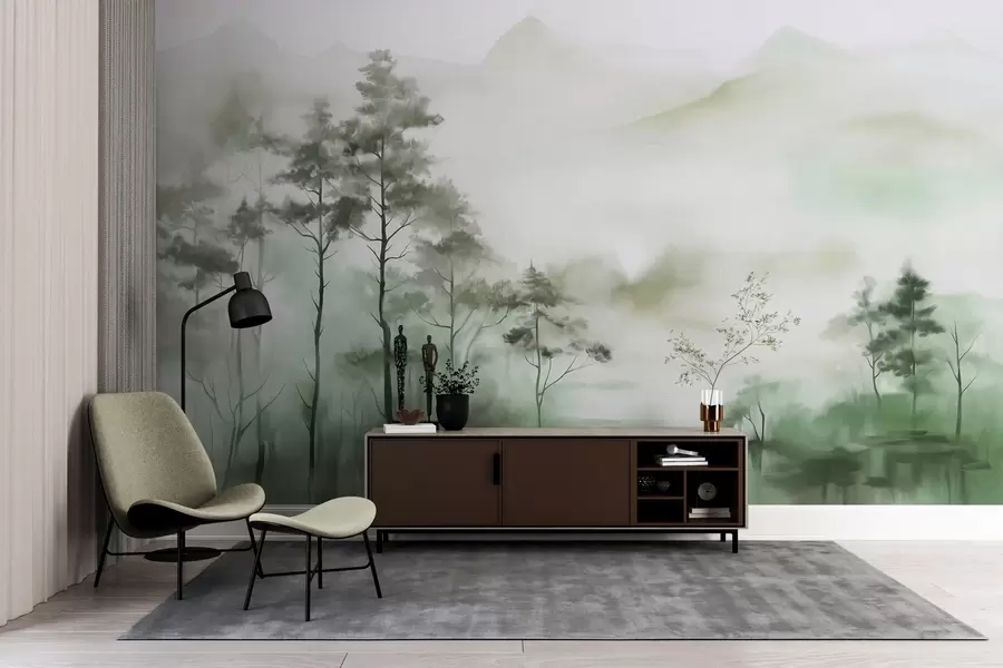 murales de pared Paisaje brumoso con árboles altos y montañas en tonos verdes y grises apagados, estilo minimalista, texturizado w09469
