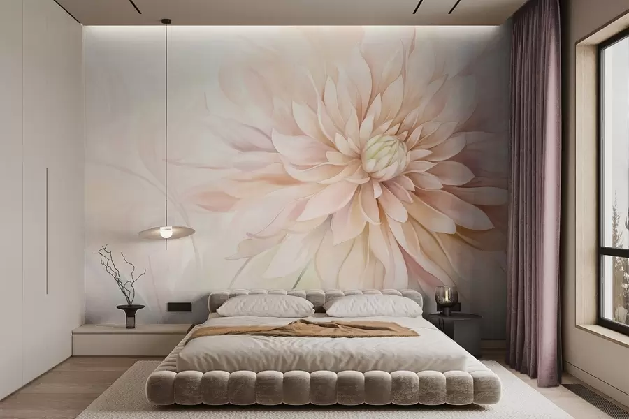 murales de pared Una flor de dalia rosa claro con muchos pétalos, fondo pastel de textura suave con toques de verde y beige w09470