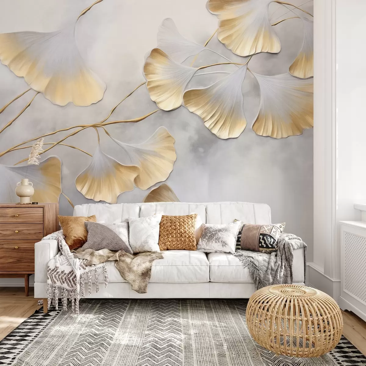 murales de pared Hojas de ginkgo biloba con bordes amarillos en una rama, fondo gris texturizado, diseño elegante y minimalista w09472