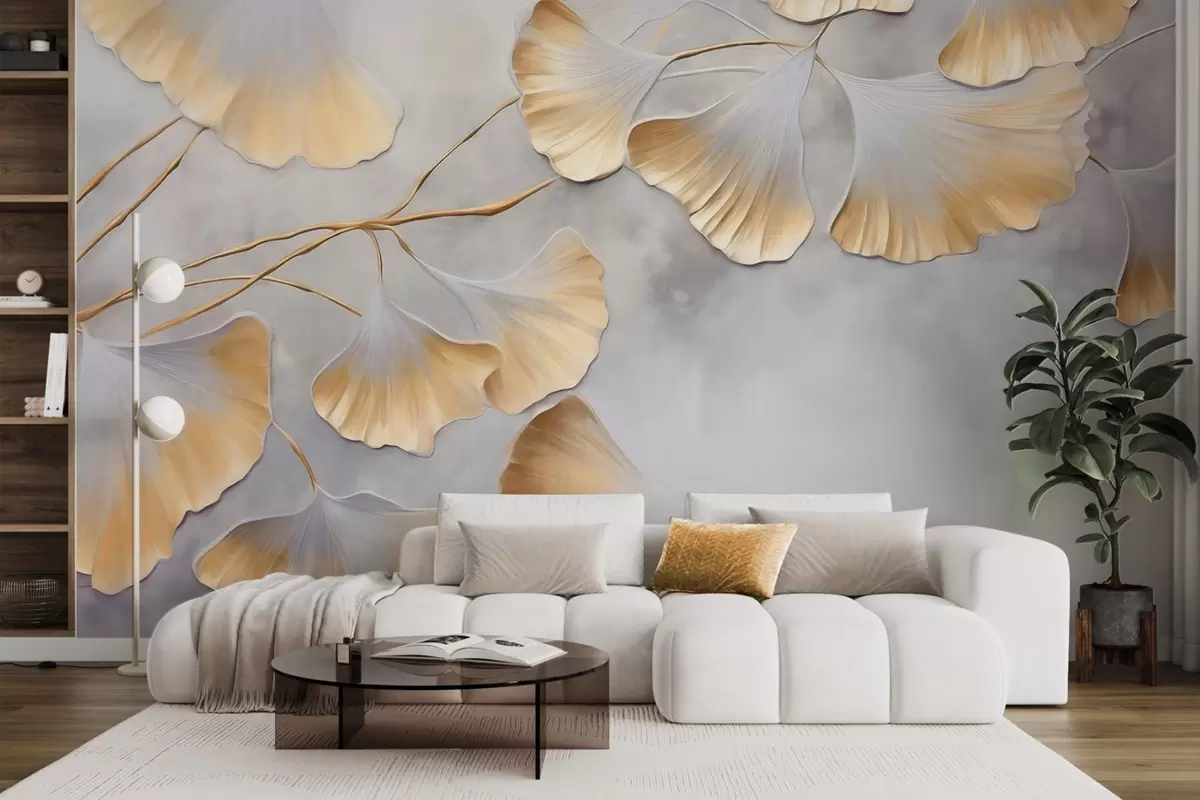 murales de pared Hojas de ginkgo biloba con bordes amarillos en una rama, fondo gris texturizado, diseño elegante y minimalista w09472
