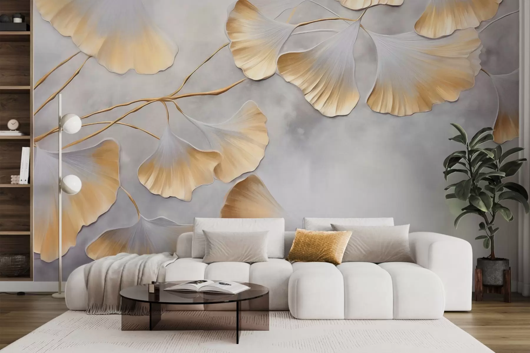 murales de pared Hojas de ginkgo biloba con bordes amarillos en una rama, fondo gris texturizado, diseño elegante y minimalista w09472