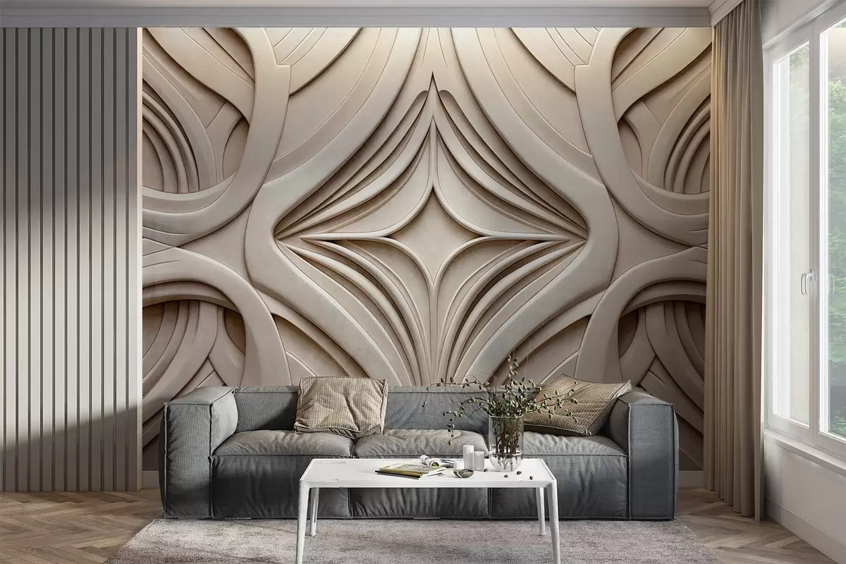 murales de pared Estampado geométrico abstracto simétrico con textura, color beige claro, estilo art déco, detalles intrincados w09473