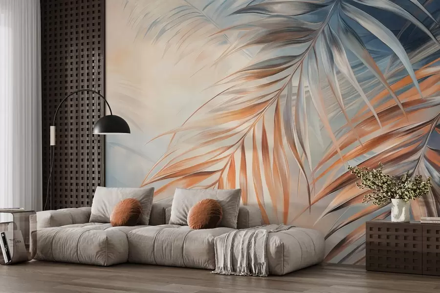 murales de pared Hojas de palmera con tonos naranjas y azules, fondo con textura ligera y colores suaves, elegante estilo tropical w09475