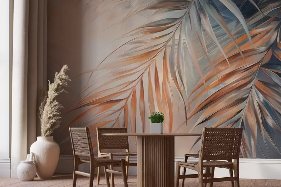 murales de pared Hojas de palmera con tonos naranjas y azules, fondo con textura ligera y colores suaves, elegante estilo tropical w09475