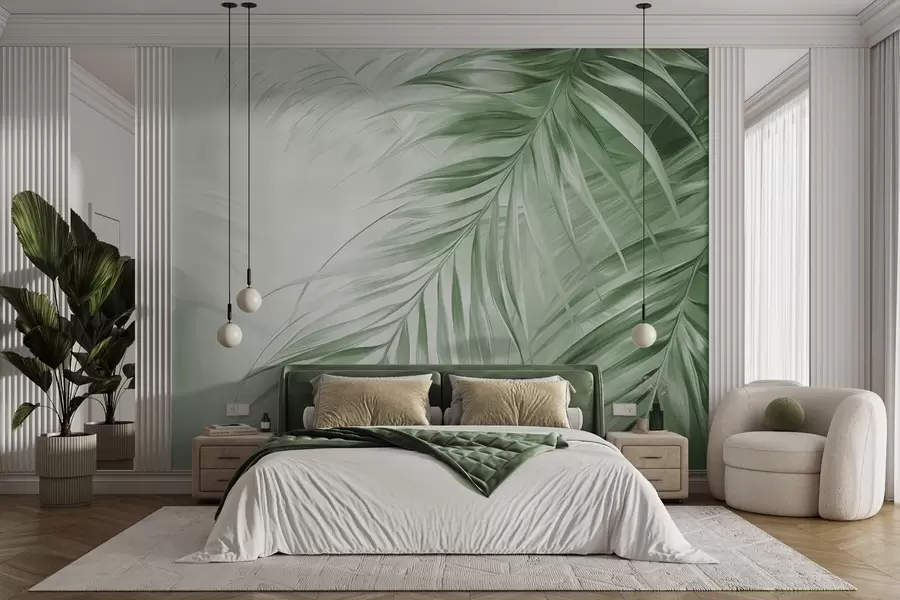 murales de pared Hojas de palmera con tonos verdes, fondo con textura ligera y colores suaves, elegante estilo tropical w09475v2