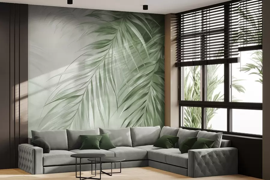 murales de pared Hojas de palmera con tonos verdes, fondo con textura ligera y colores suaves, elegante estilo tropical w09475v2