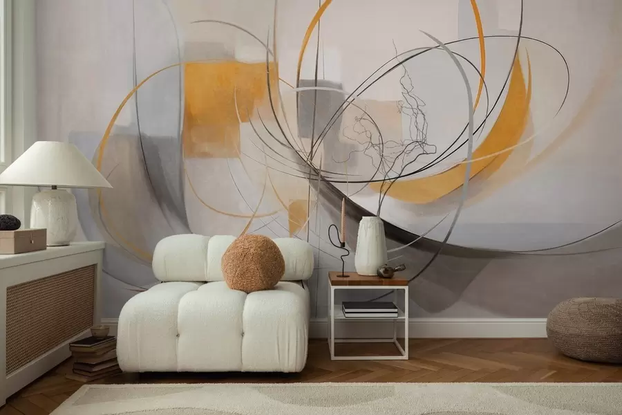 murales de pared Estilo pictórico moderno abstracto con texturas, líneas curvas y formas geométricas en tonos grises, blancos y naranjas w09476