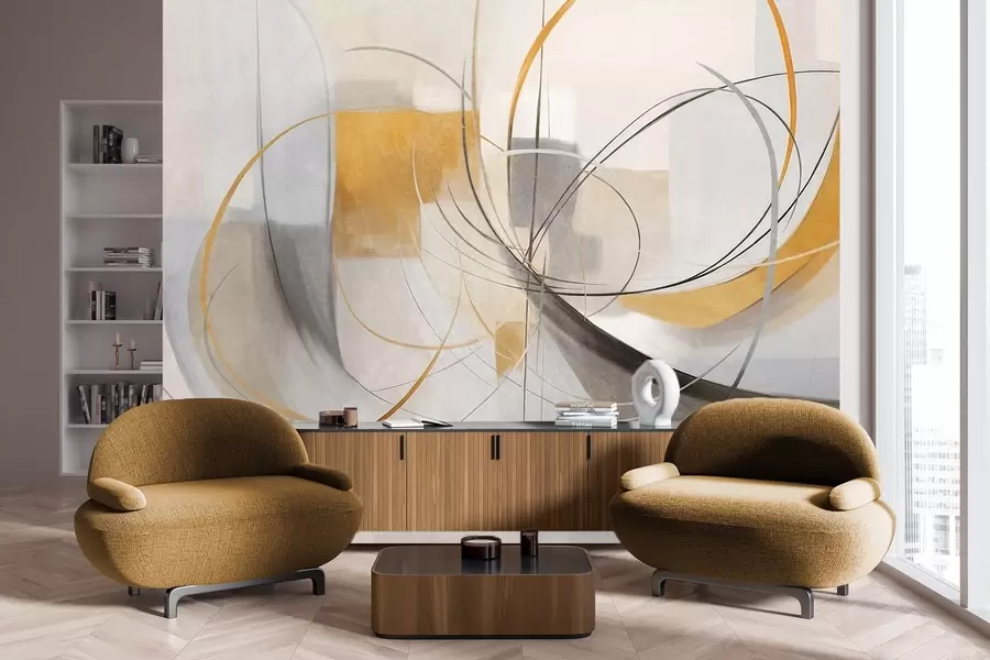 murales de pared Estilo pictórico moderno abstracto con texturas, líneas curvas y formas geométricas en tonos grises, blancos y naranjas w09476
