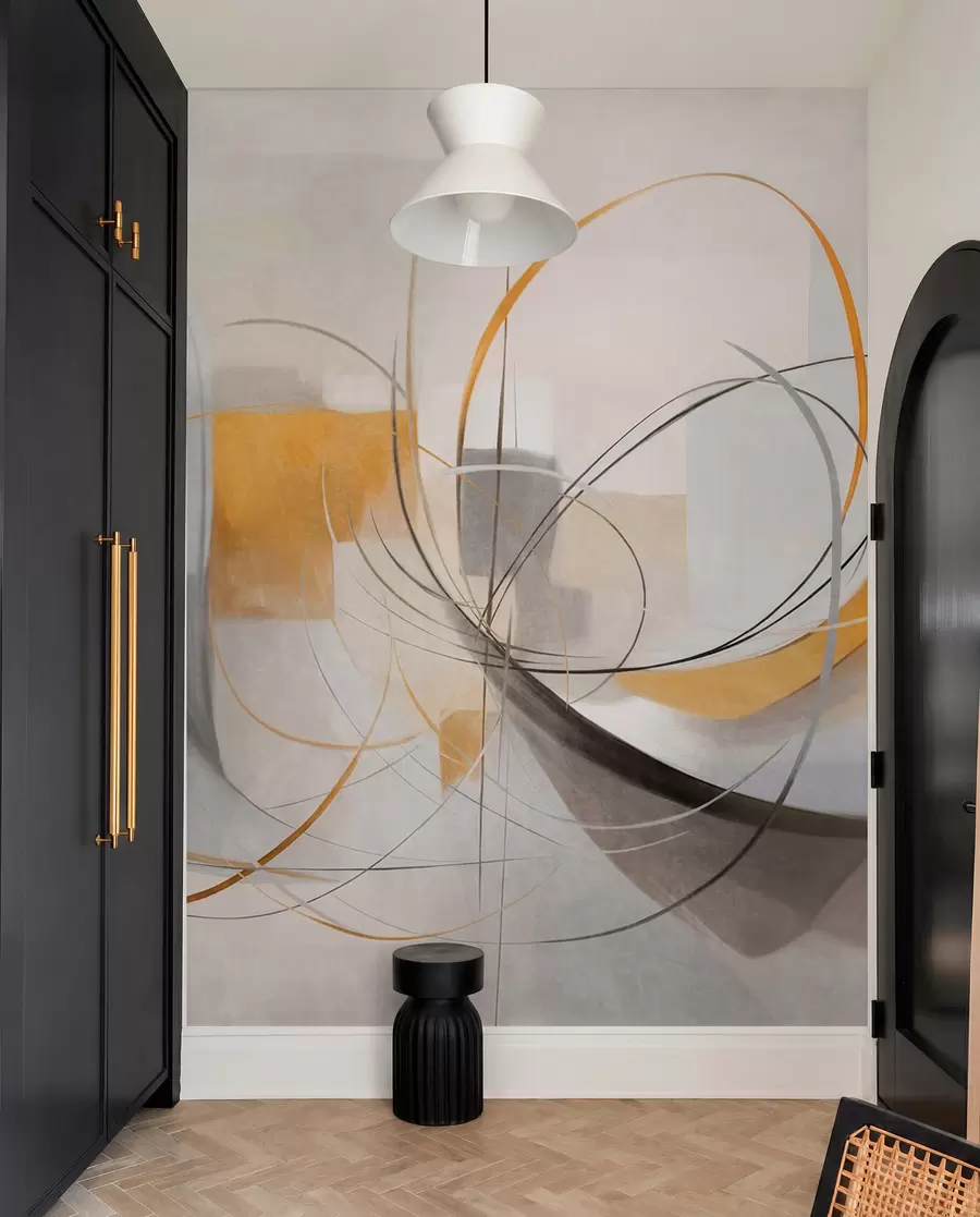 murales de pared Estilo pictórico moderno abstracto con texturas, líneas curvas y formas geométricas en tonos grises, blancos y naranjas w09476