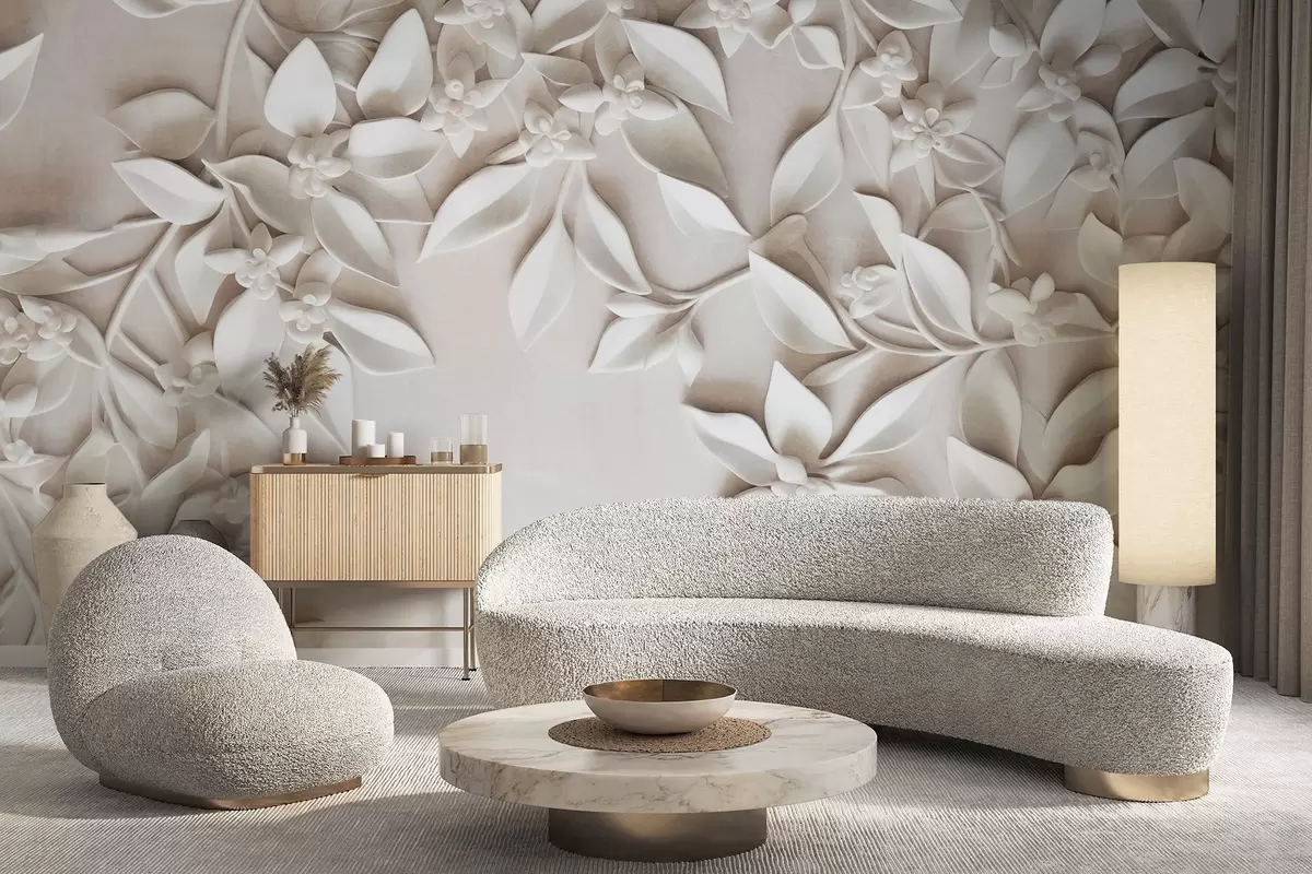 murales de pared Flores y hojas blancas con textura, arreglo floral, diseño elegante, estilo minimalista, arte decorativo w09479