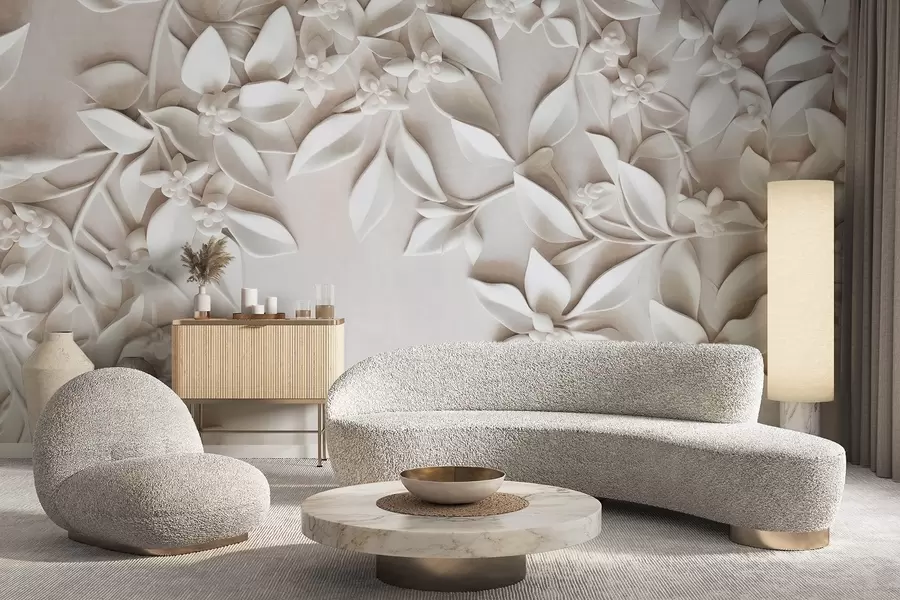 murales de pared Flores y hojas blancas con textura, arreglo floral, diseño elegante, estilo minimalista, arte decorativo w09479