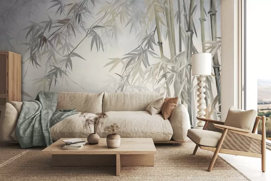murales de pared Tallos y hojas de bambú texturizados en una paleta de colores suaves y apagados de gris, blanco y crema, composición minimalista w09485