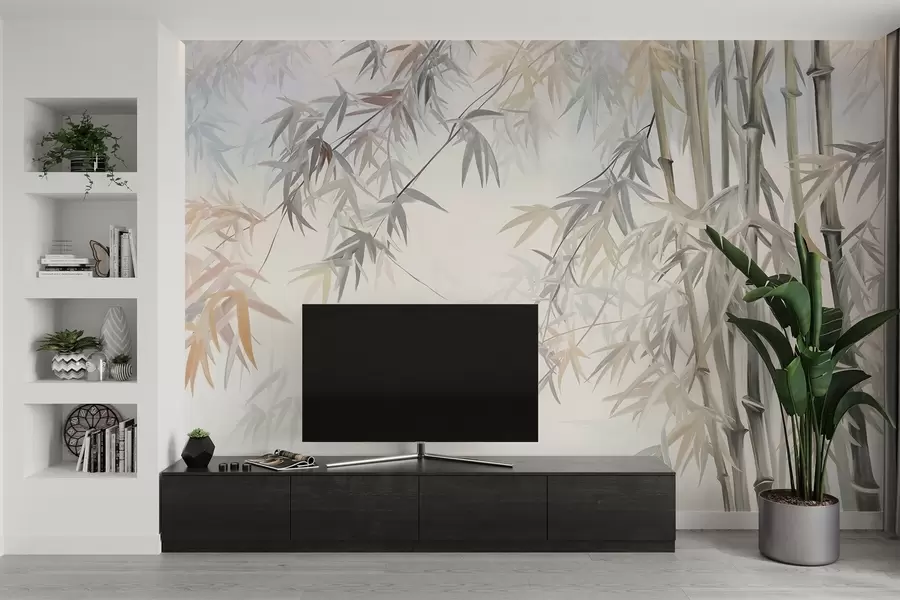 murales de pared Tallos y hojas de bambú texturizados en una paleta de colores suaves y apagados de gris, blanco y crema, composición minimalista w09485