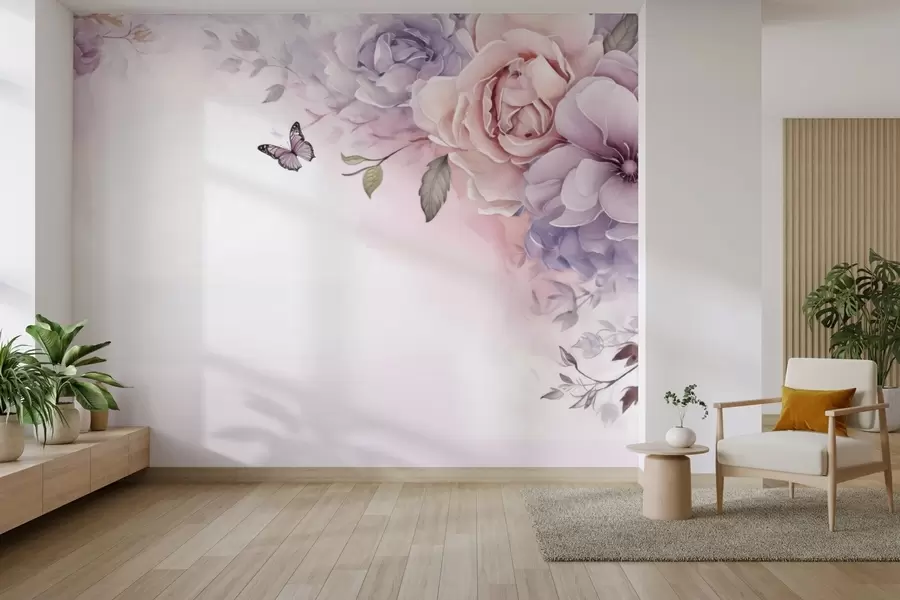 murales de pared Delicadas flores rosas y lilas con una mariposa w04711