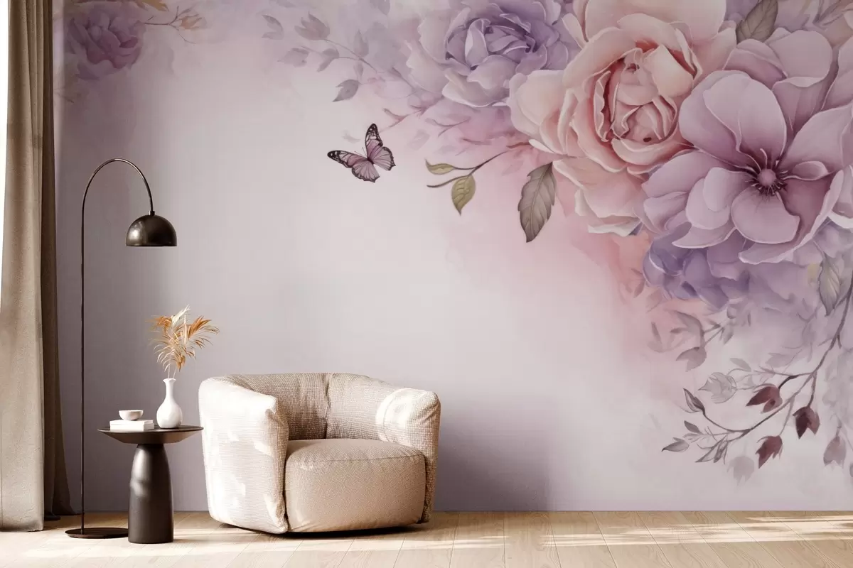 murales de pared Delicadas flores rosas y lilas con una mariposa w04711