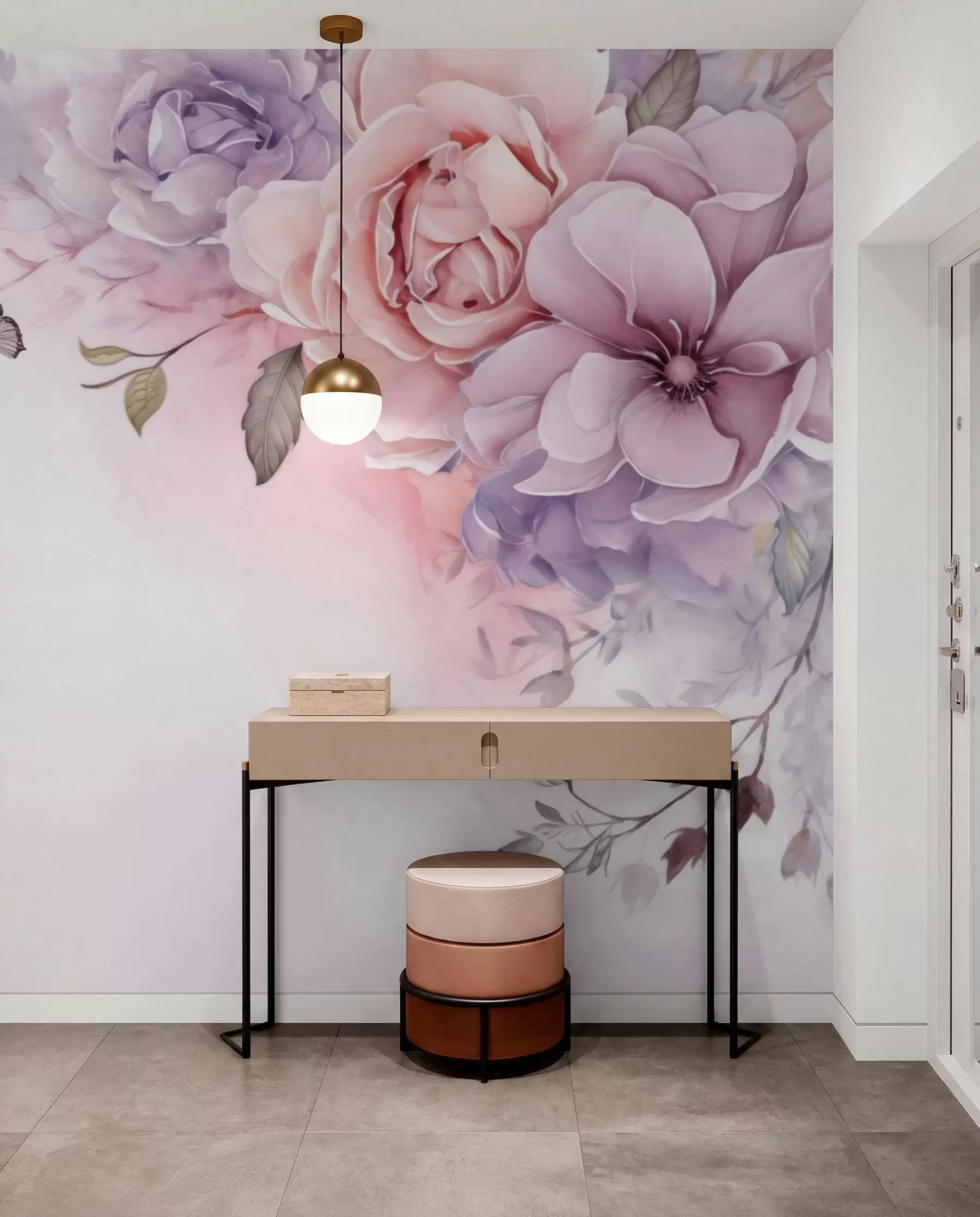 murales de pared Delicadas flores rosas y lilas con una mariposa w04711