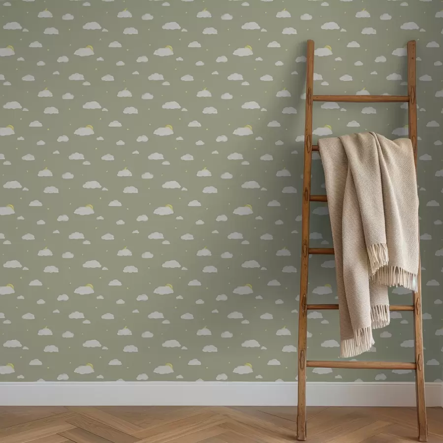 murales de pared Nubes suaves, estrellas y sol sobre un fondo gris verdoso a00652v1