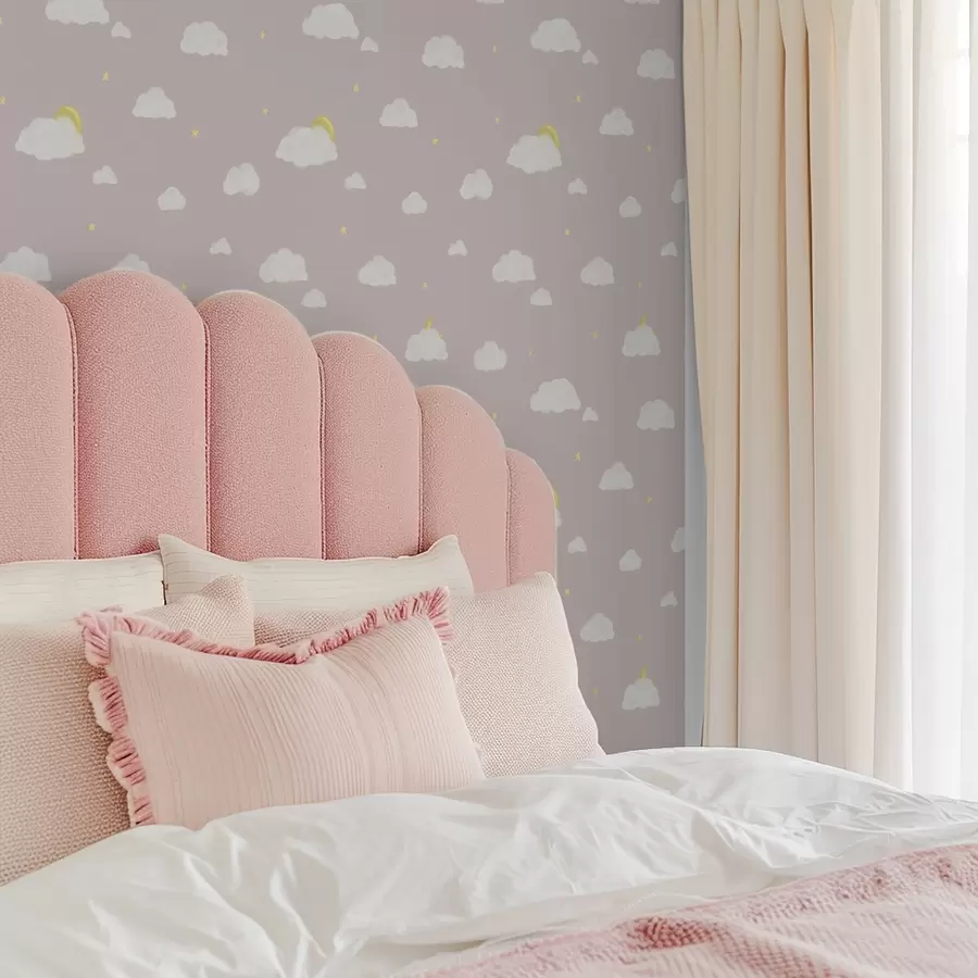 murales de pared Nubes suaves, estrellas y sol sobre un fondo gris rosáceo a00652v2