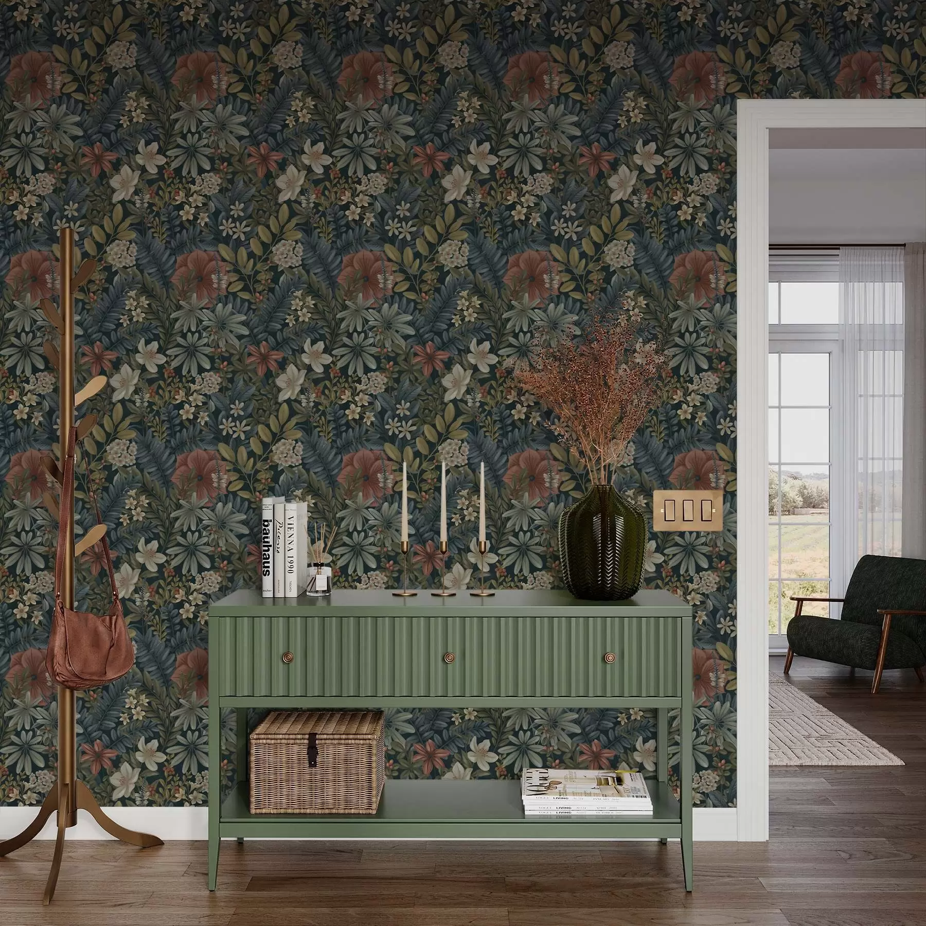 murales de pared Fondo oscuro con densas flores y hojas en tonos cálidos a00678