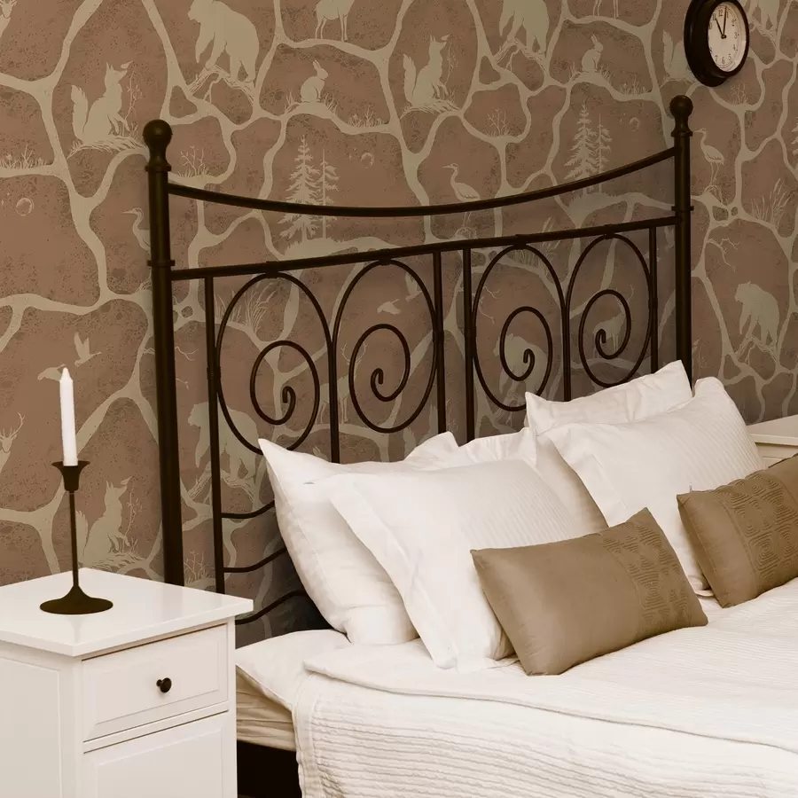 murales de pared Siluetas de animales y árboles en un paisaje natural con textura de piedra a00727